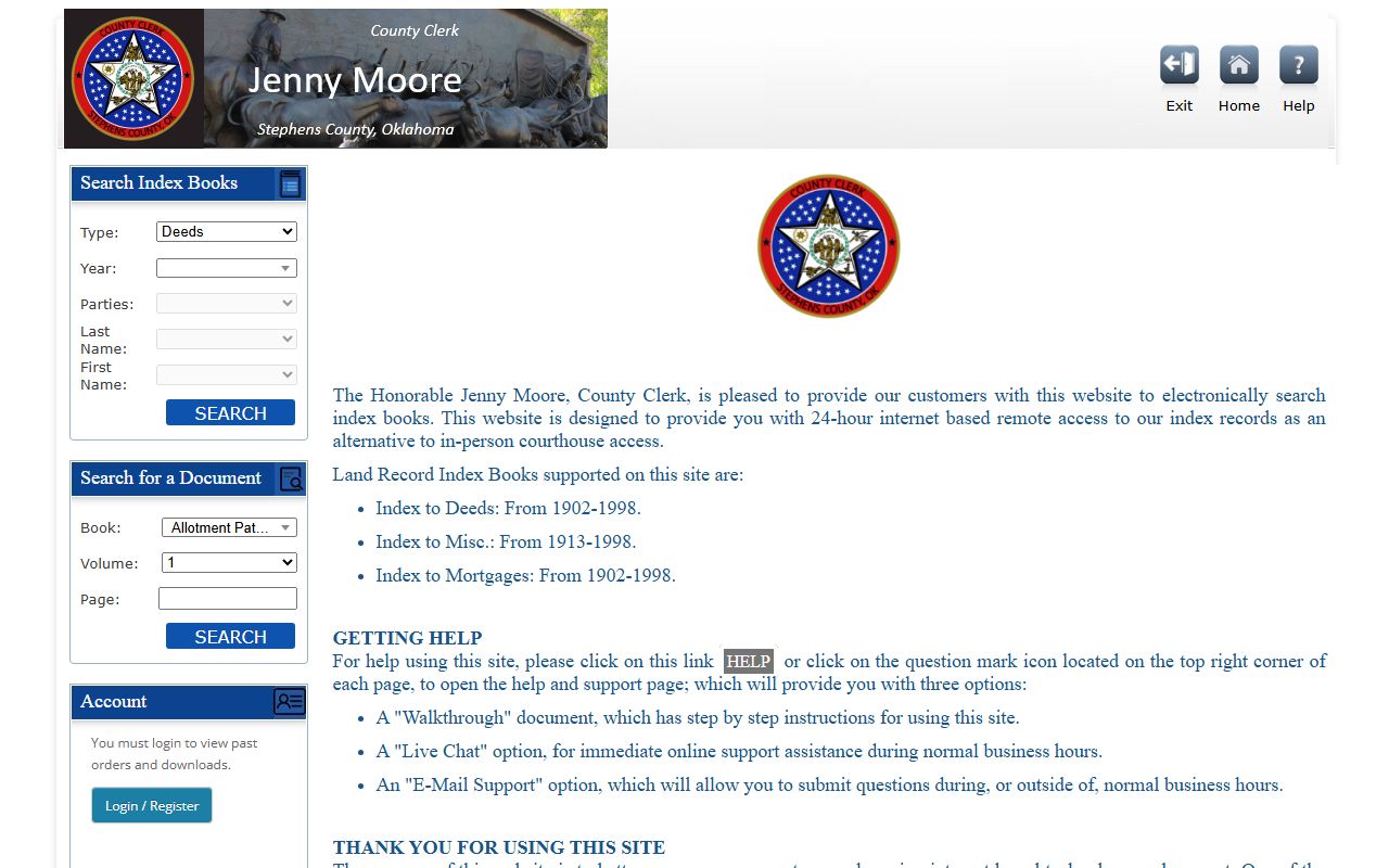 Stephens County County Clerk land index books on the Kofile QuickLink portal
