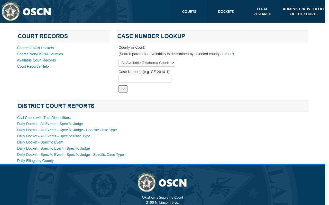 Stephens County court records search on the OSCN dockets landing page