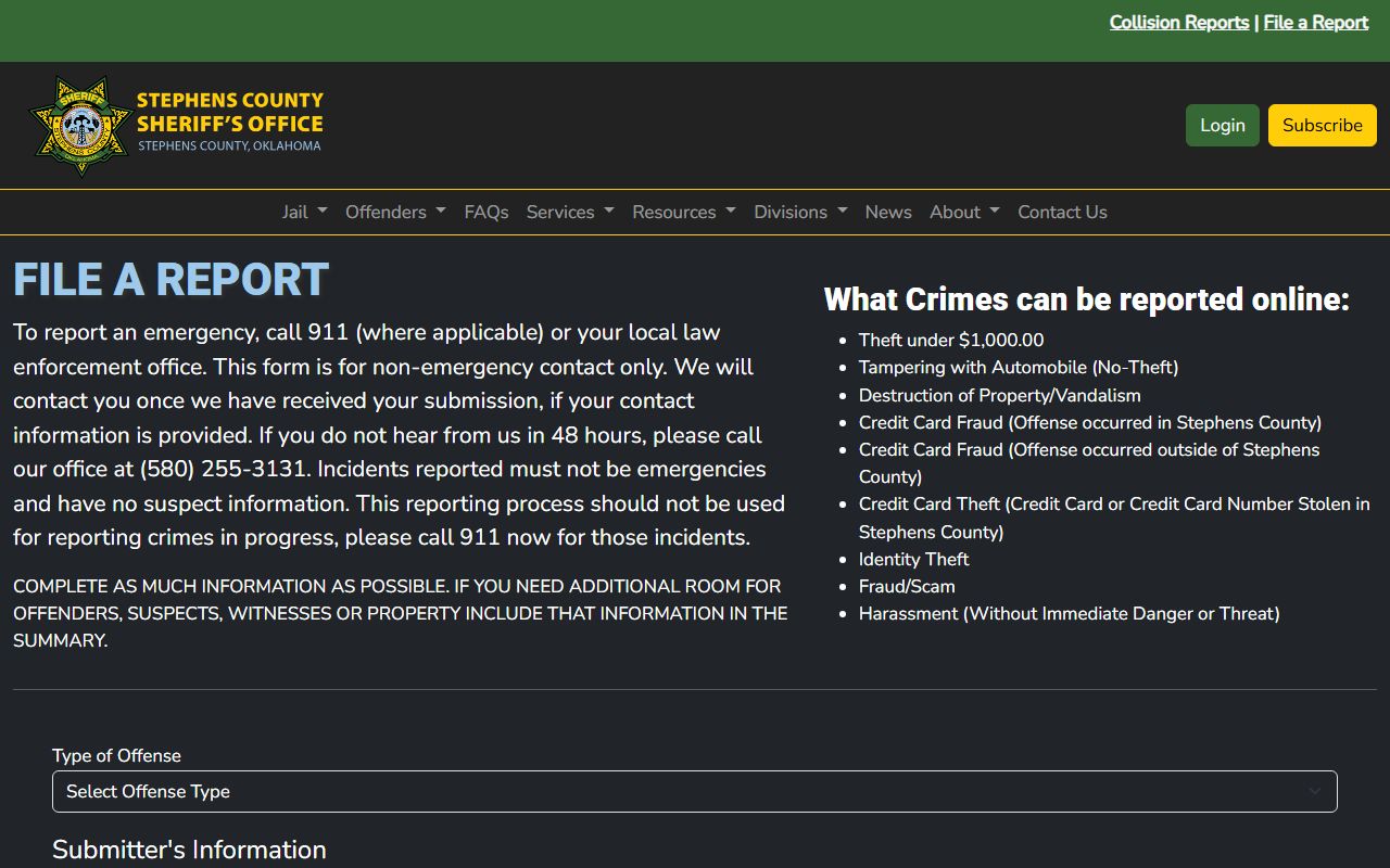 Stephens County criminal court records non-emergency report form