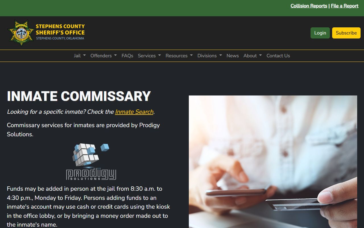 Stephens County jail commissary deposit page
