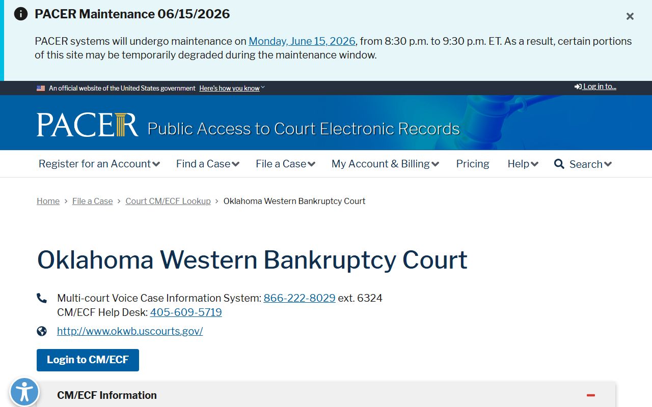 Stephens County bankruptcy records search through the PACER CM/ECF lookup for Oklahoma Western Bankruptcy Court
