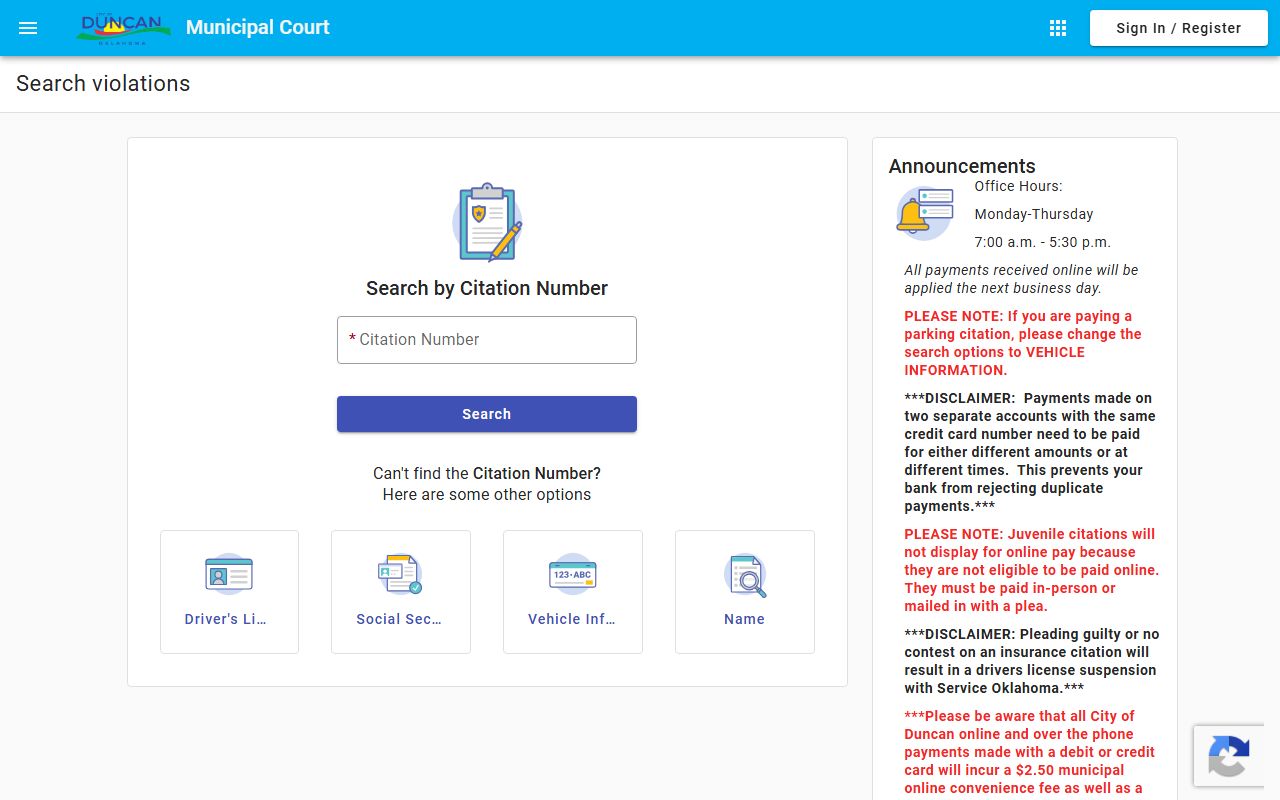 Stephens County traffic court records Duncan citation search portal