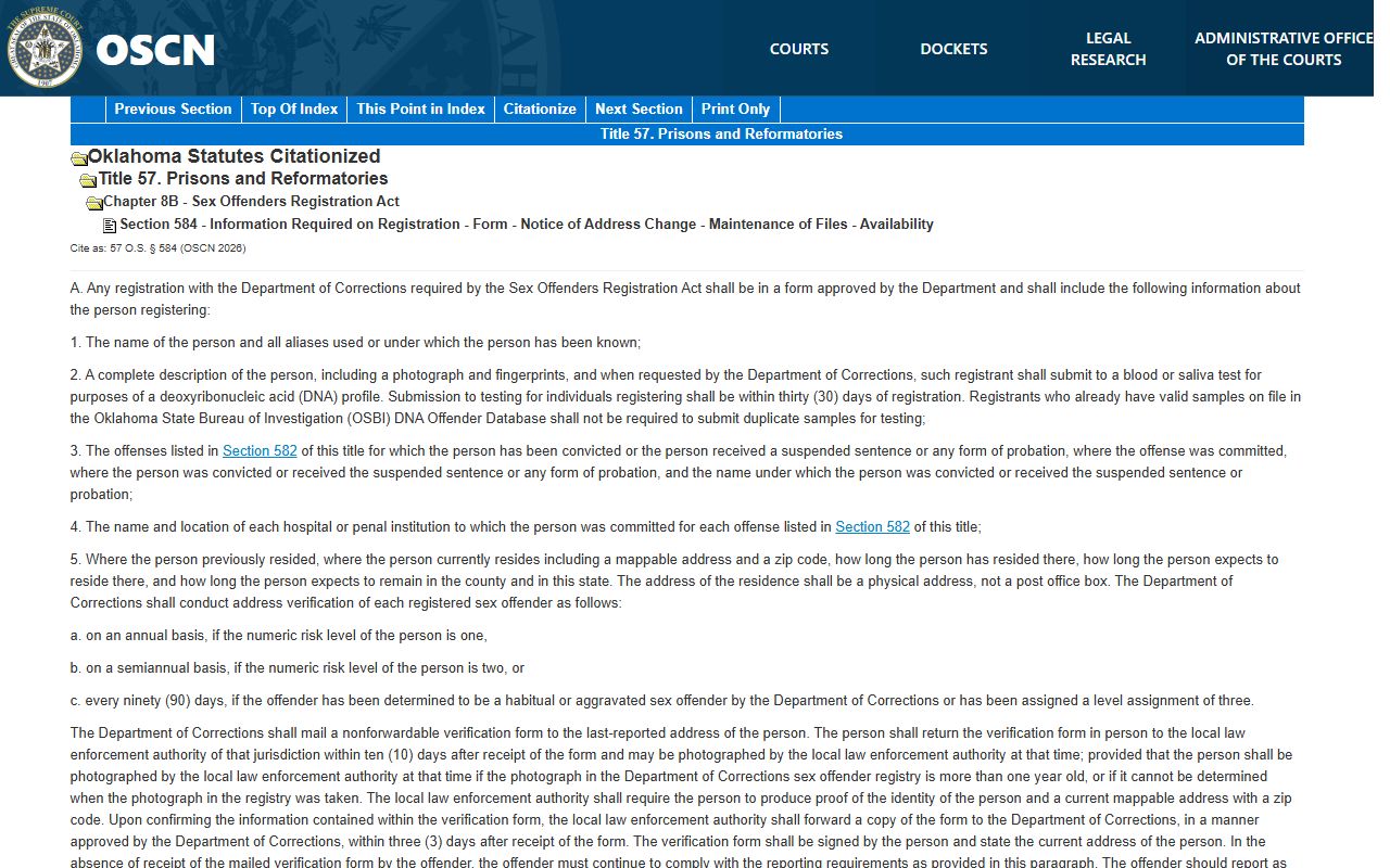 OSCN Title 57 sex-offender statute page tied to Stephens County warrant and registry records