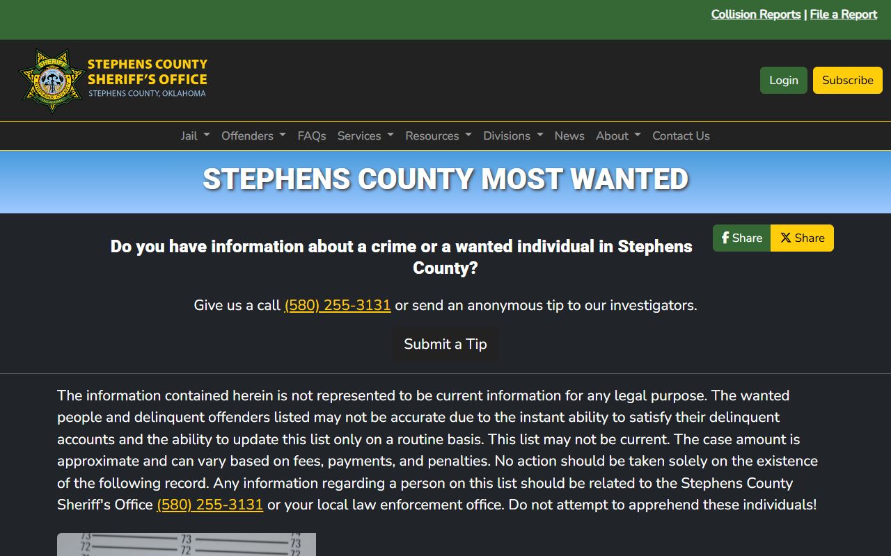 Stephens County most wanted warrant listing page from the sheriff's office