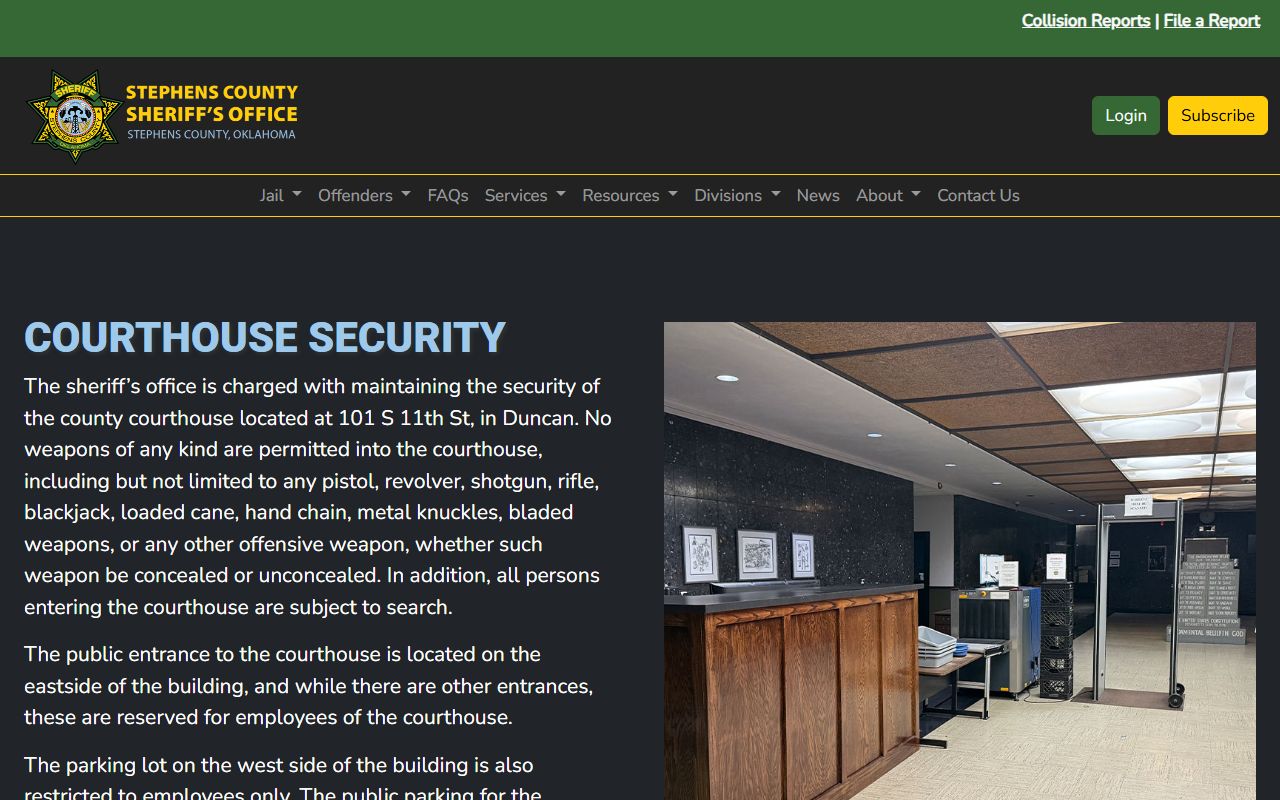 Stephens County courthouse security page describing entry rules for warrant matters